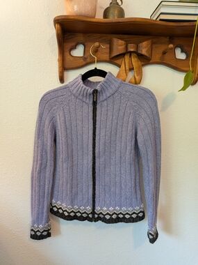 Lilac Ribbed Zip-Up Sweater with Fair Isle Trim